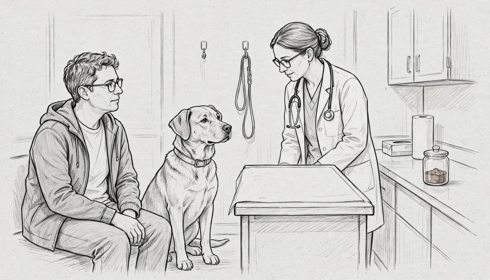 Eine Tierärztin untersucht einen Hund in einer Praxis, während der Besitzer daneben sitzt.