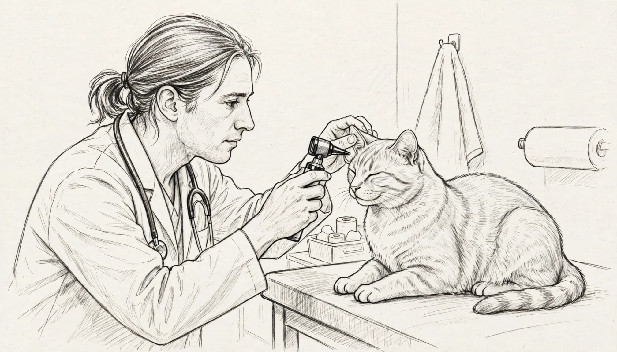 Eine Zeichnung zeigt eine Tierärztin, die mit einem Otoskop das Ohr einer Katze untersucht.