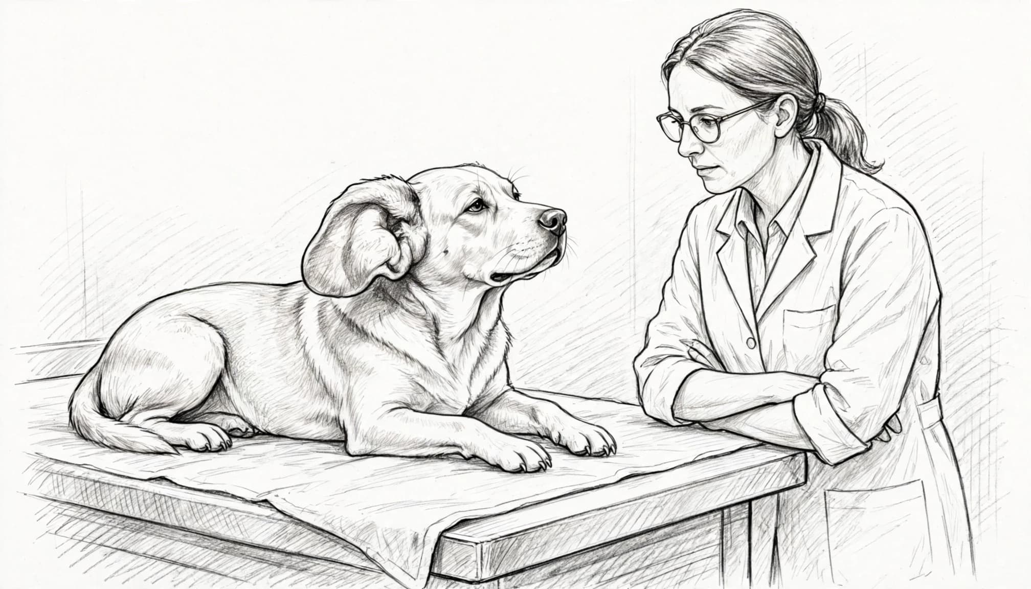 Eine Tierärztin untersucht einen Hund mit einem verdickten Ohr auf einem Behandlungstisch.